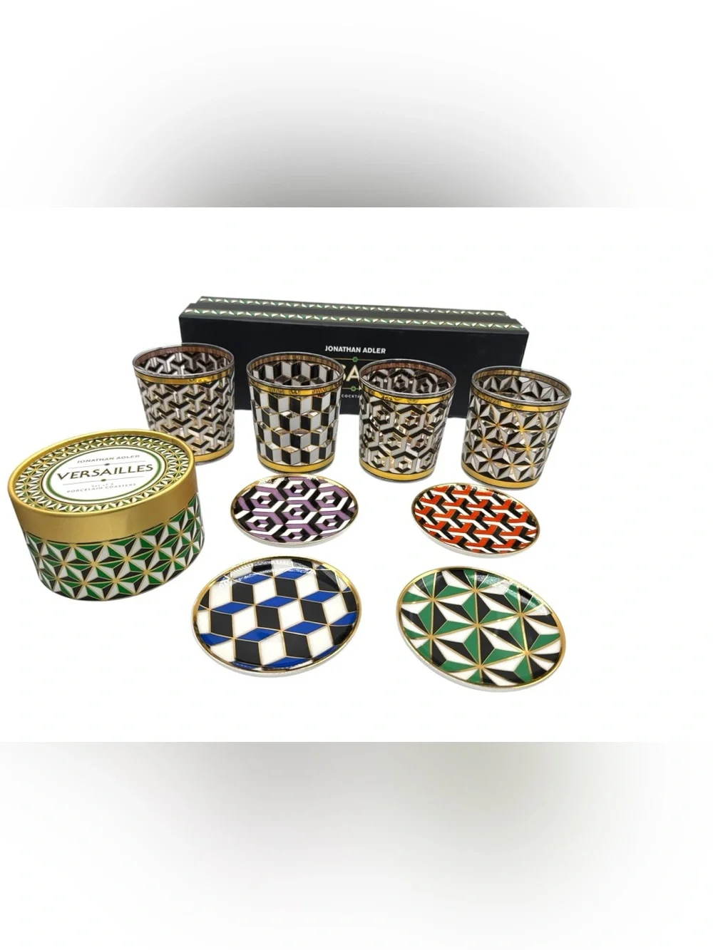 Jonathan Adler Versailles Cocktail Glasses + Porcelain Coasters — Set of 4 Each